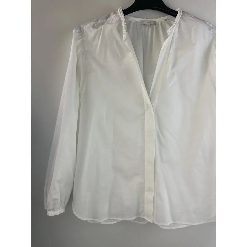 Vince Women's Braid Trim Band Collar Blouse White Button up Top Deep V-Neck XL - Picture 4 of 16